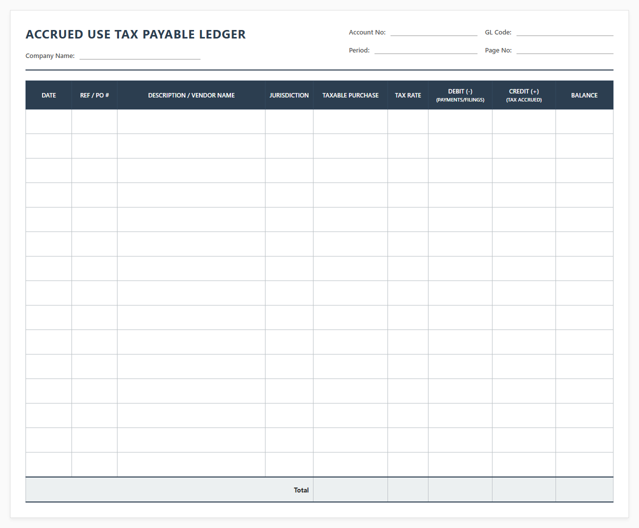 Accrued Use Tax Payable Ledger Template