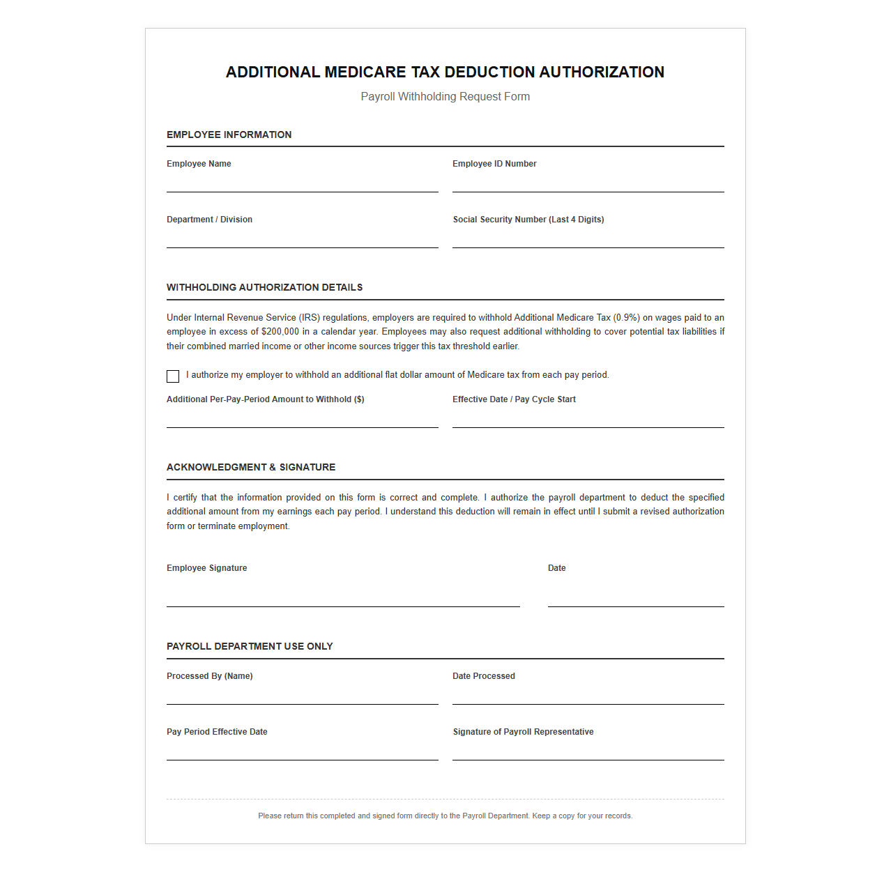 Additional Medicare Tax Deduction Authorization Template