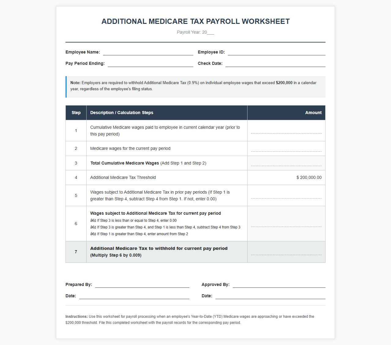 Additional Medicare Tax Payroll Worksheet