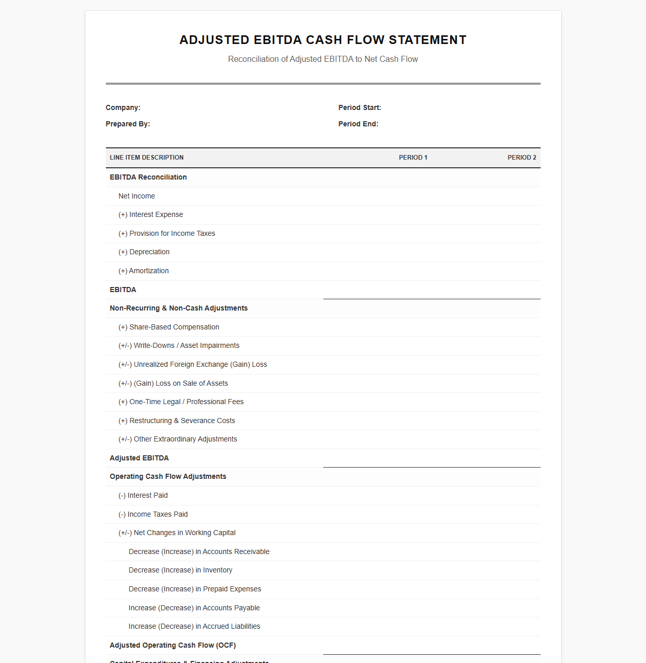 Adjusted EBITDA Cash Flow Statement Template