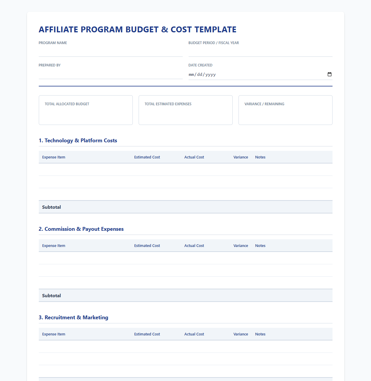 Affiliate Program Budget and Cost Template