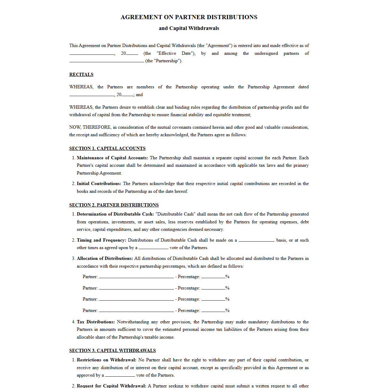 Agreement on Partner Distributions and Capital Withdrawals