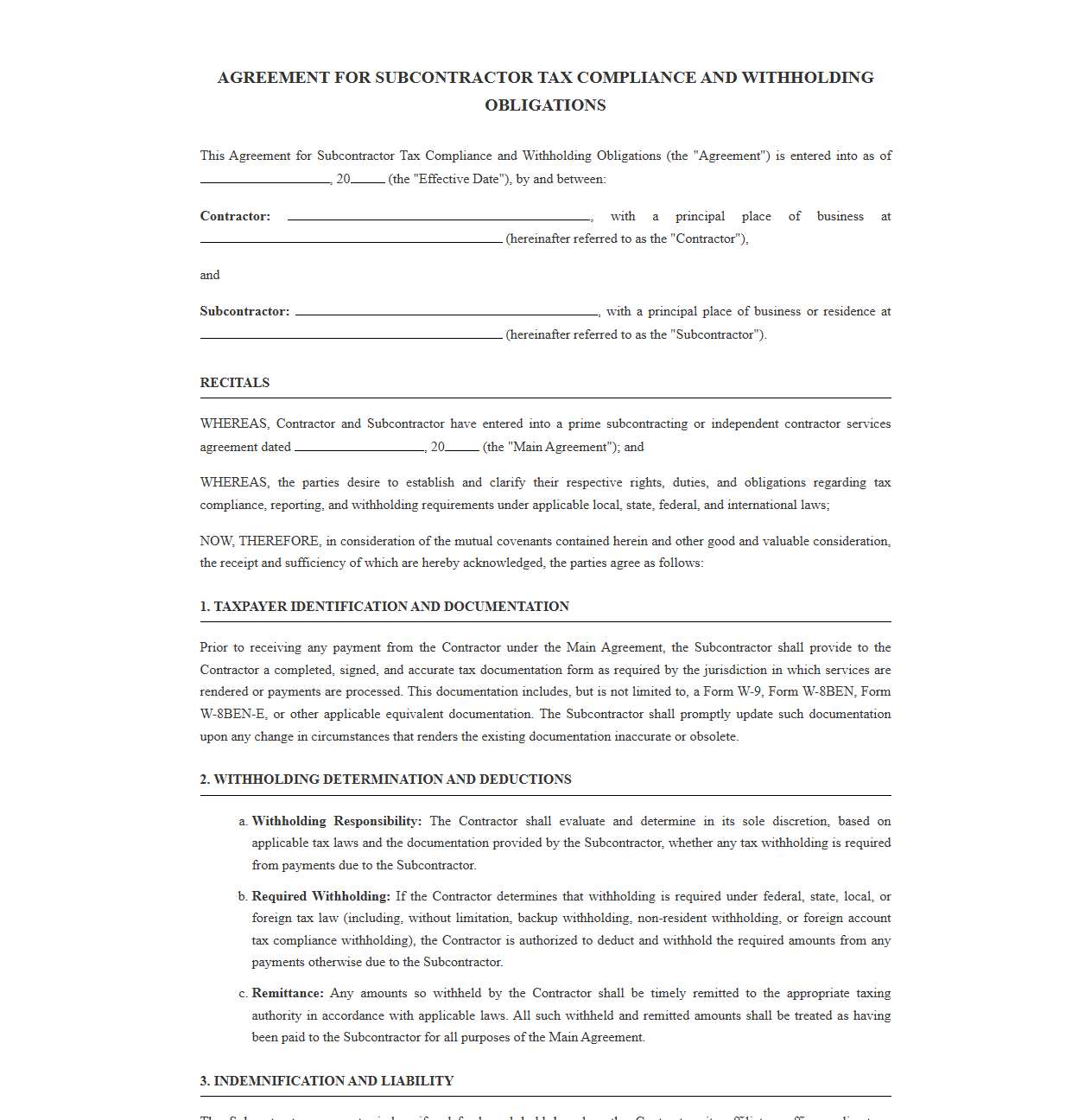 Agreement for Subcontractor Tax Compliance and Withholding Obligations