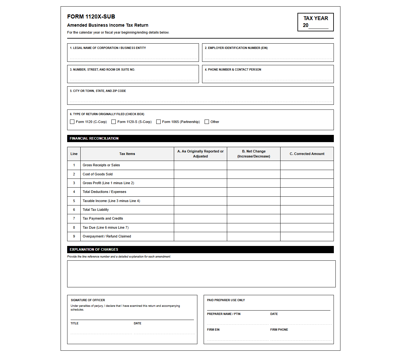 Amended Business Income Tax Return Template