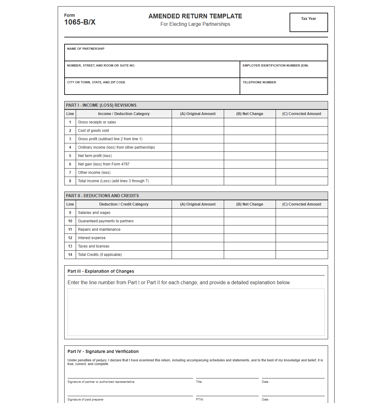 Amended Return Template for Electing Large Partnerships