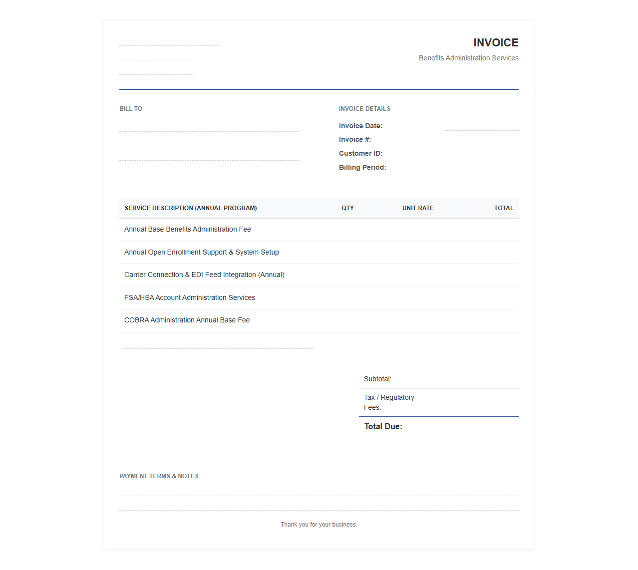 Annual Benefits Administration Program Invoice