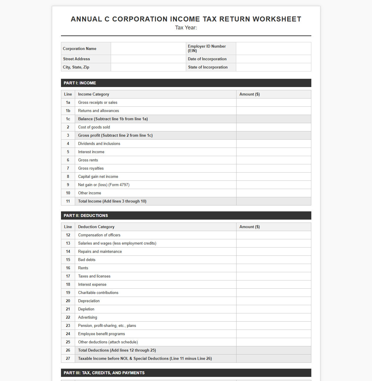 Annual C Corp Income Tax Return Worksheet