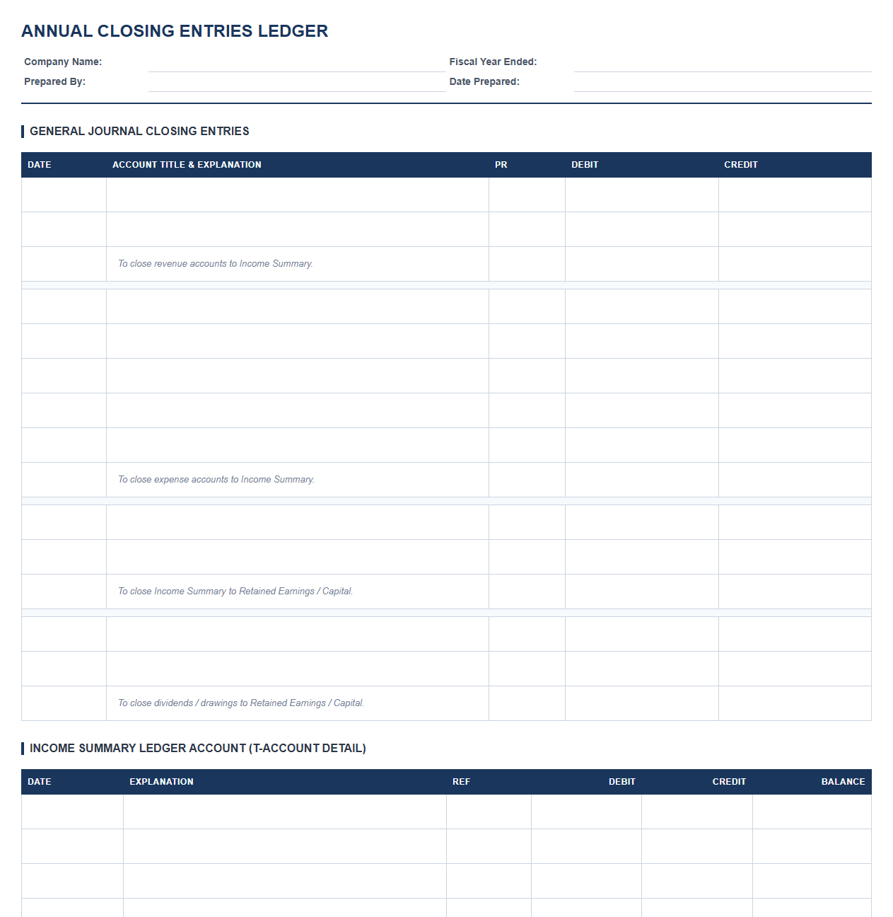 Annual Closing Entries Ledger Template
