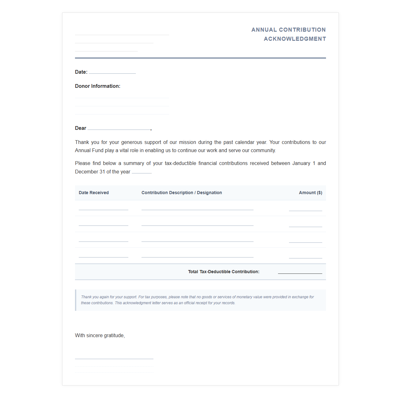 Annual Contribution Acknowledgment Letter Template
