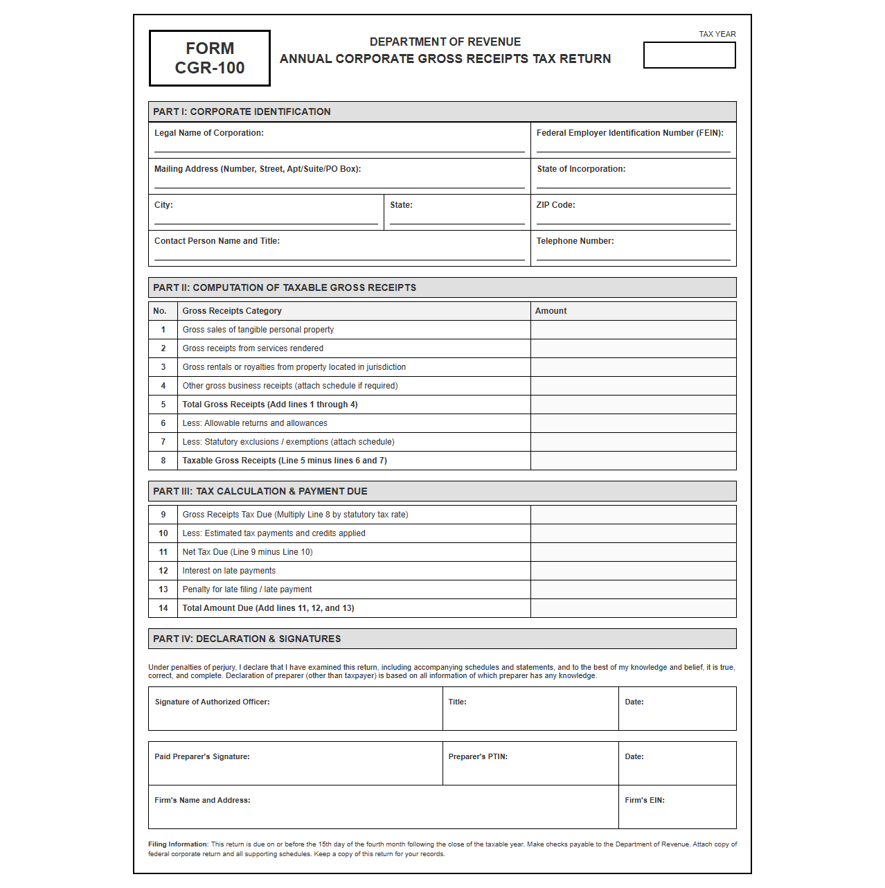 Annual Corporate Gross Receipts Tax Filing Template