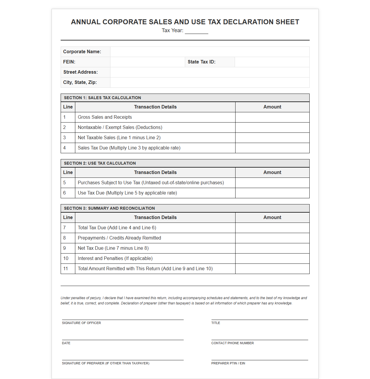 Annual Corporate Sales and Use Tax Declaration Sheet