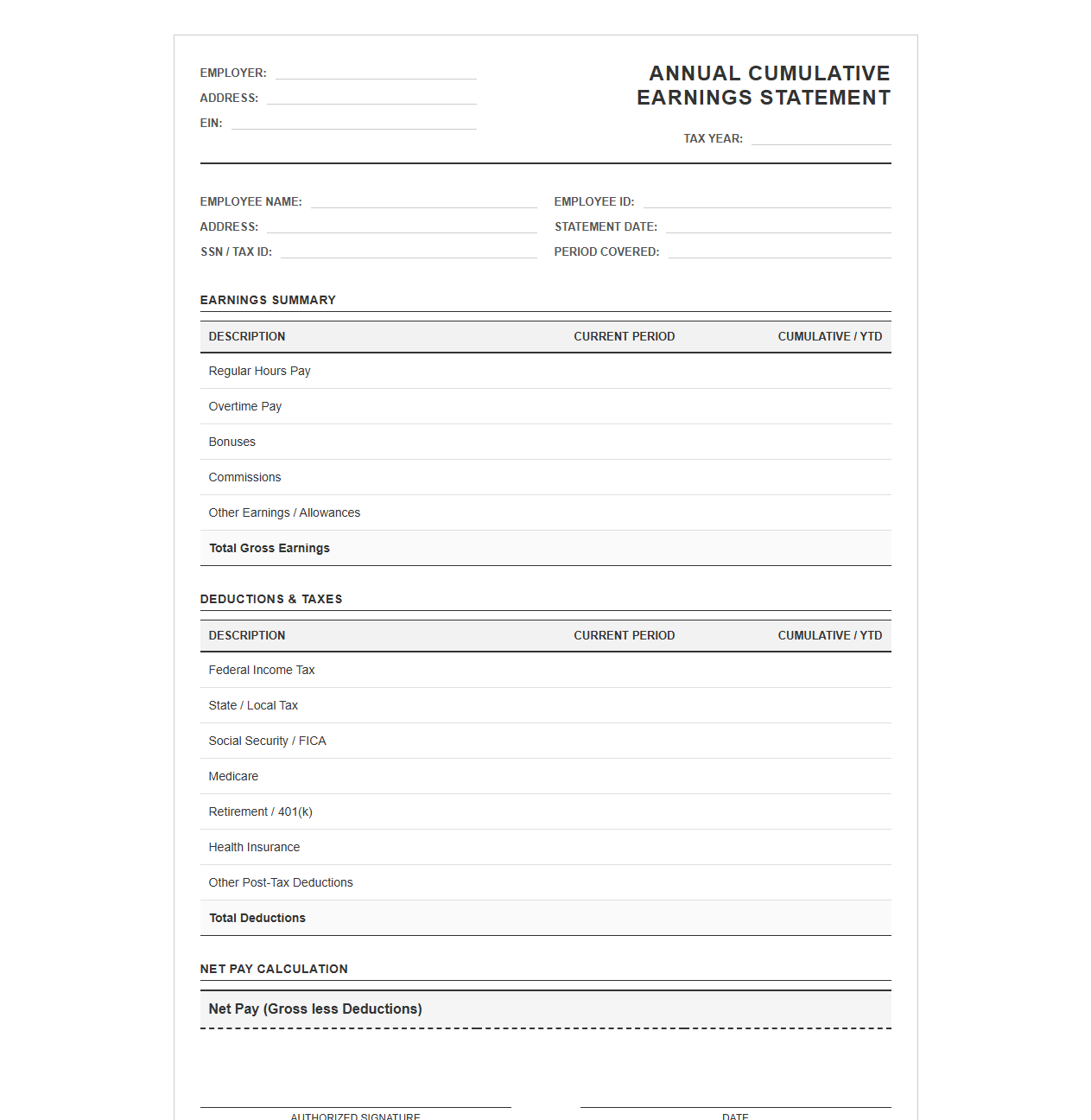 Annual Cumulative Earnings Statement Template