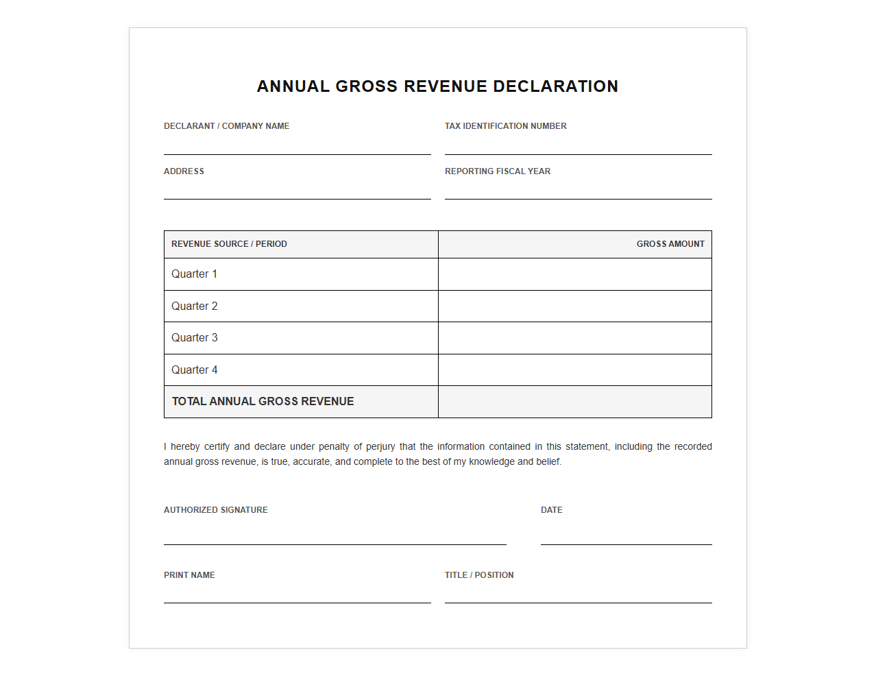 Annual Gross Revenue Declaration Template
