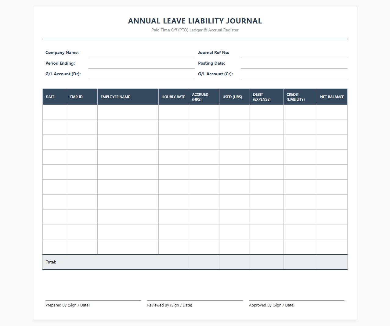 Annual Leave Liability Journal Template
