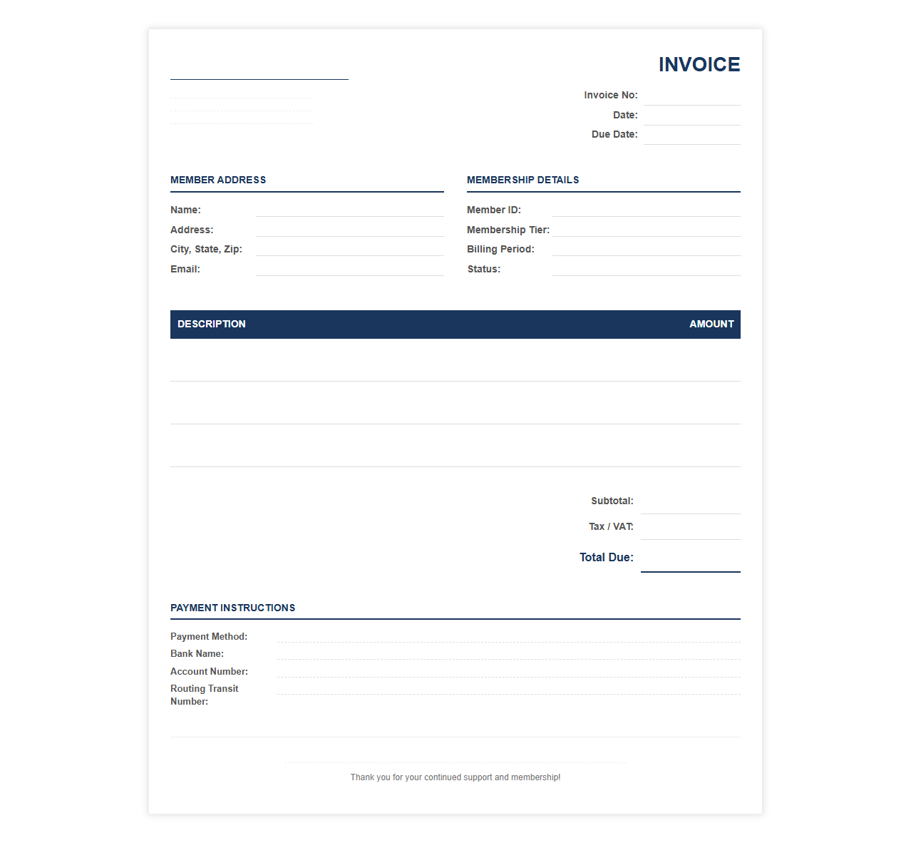 Annual Membership Dues Invoice Template