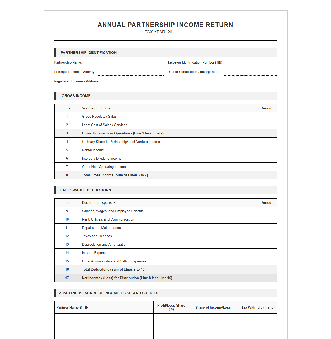 Annual Partnership Income Return Sheet