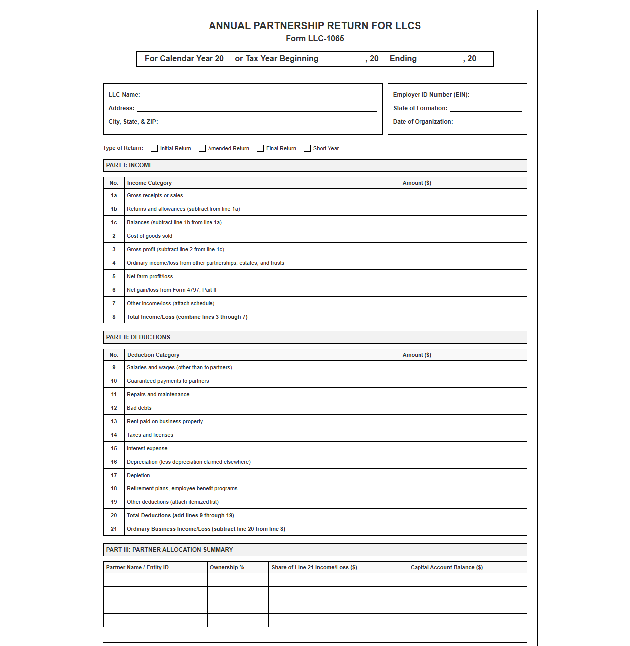 Annual Partnership Return Template for LLCs