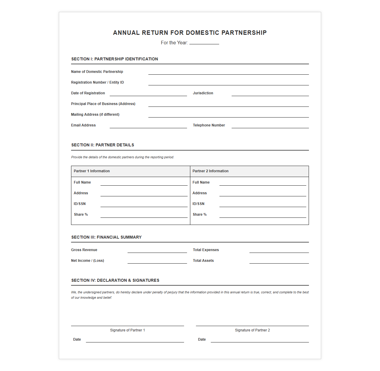 Annual Return Template for Domestic Partnerships