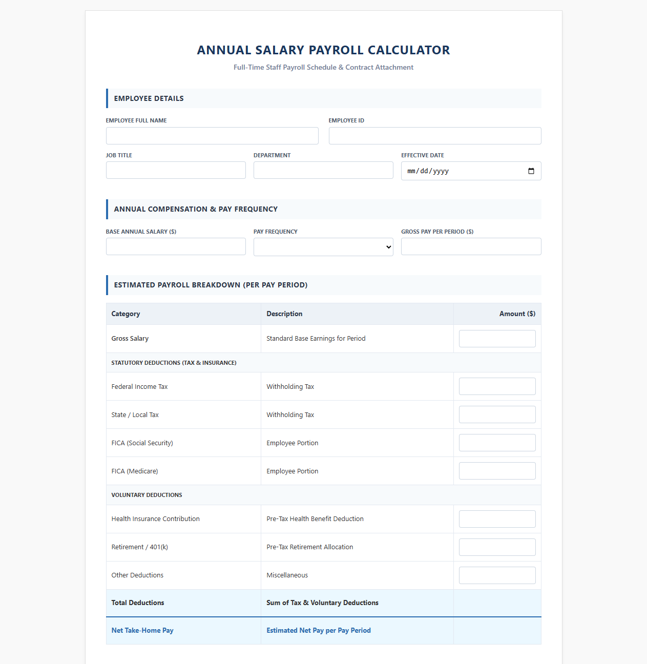 Annual Salary Payroll Calculator for Full-Time Staff