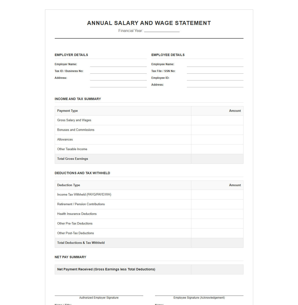 Annual Salary and Wage Statement Document