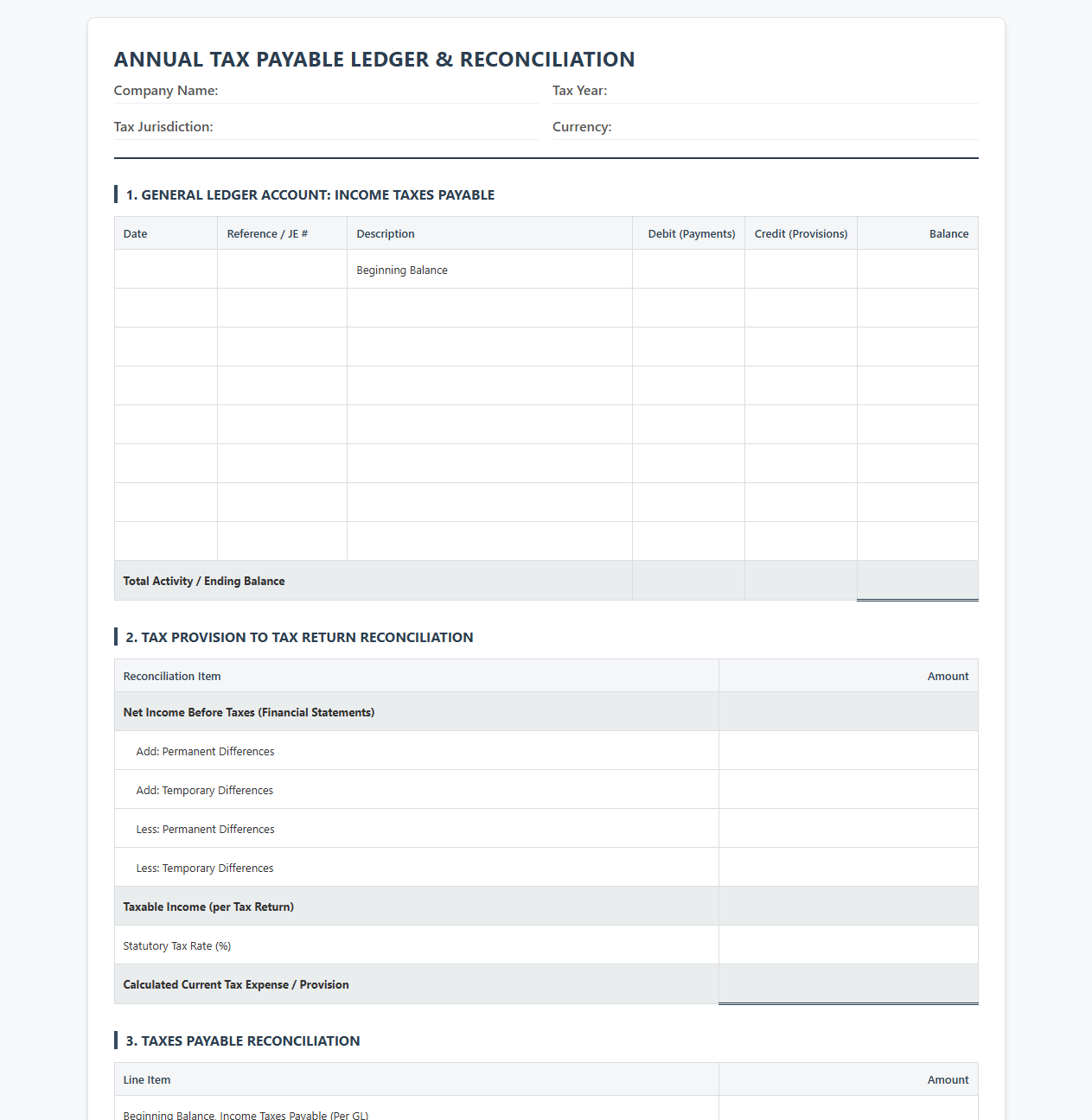 Annual Tax Payable Ledger and Reconciliation Template