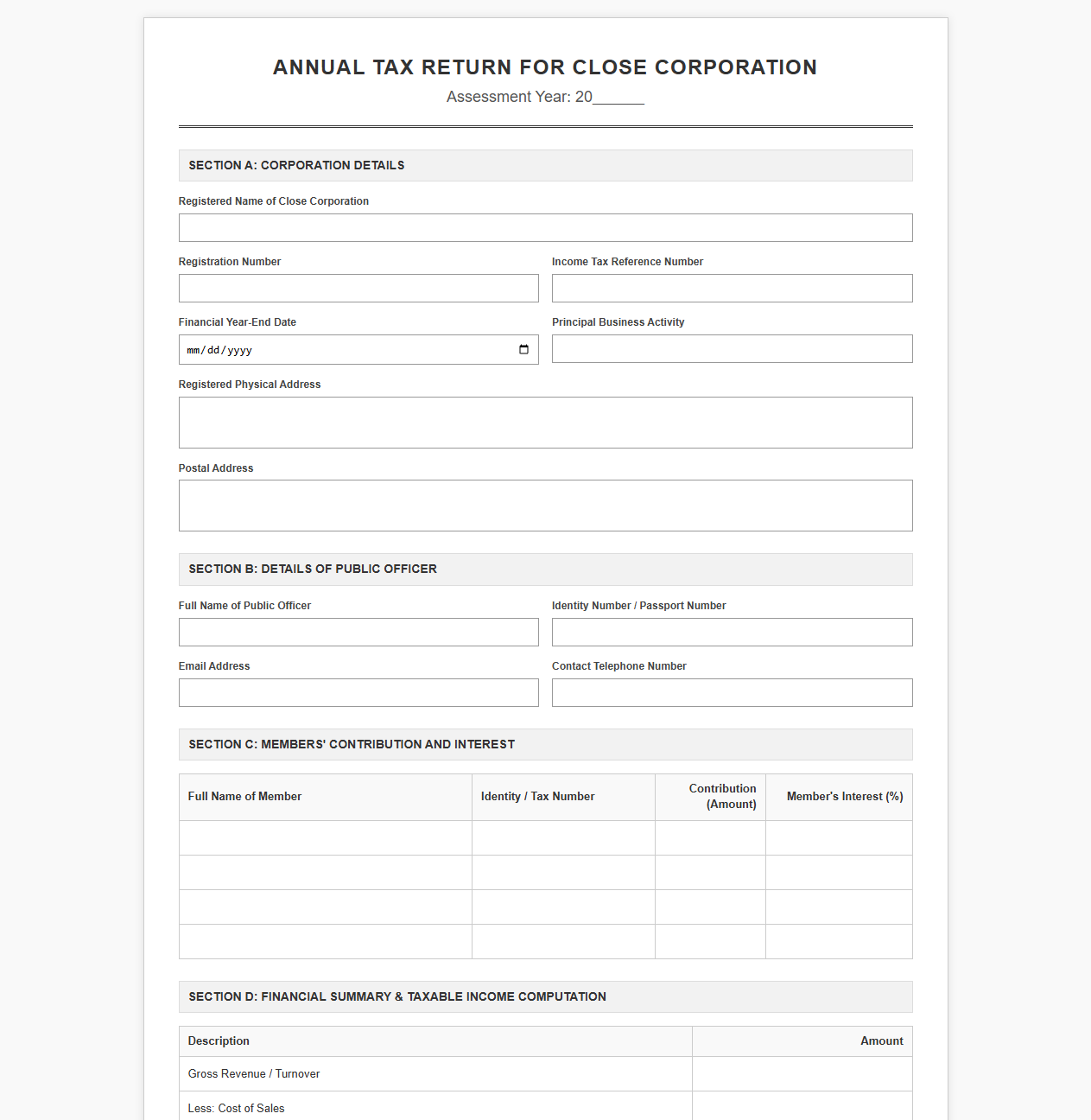 Annual Tax Return Template for Close Corporations