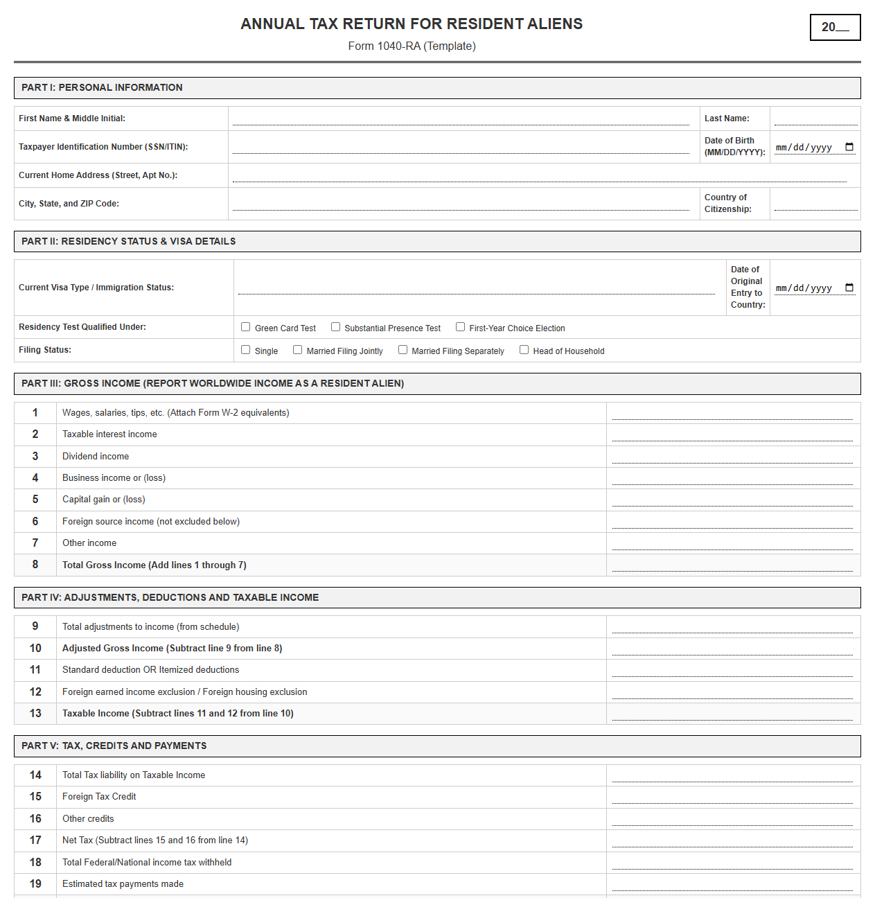 Annual Tax Return Template for Resident Aliens