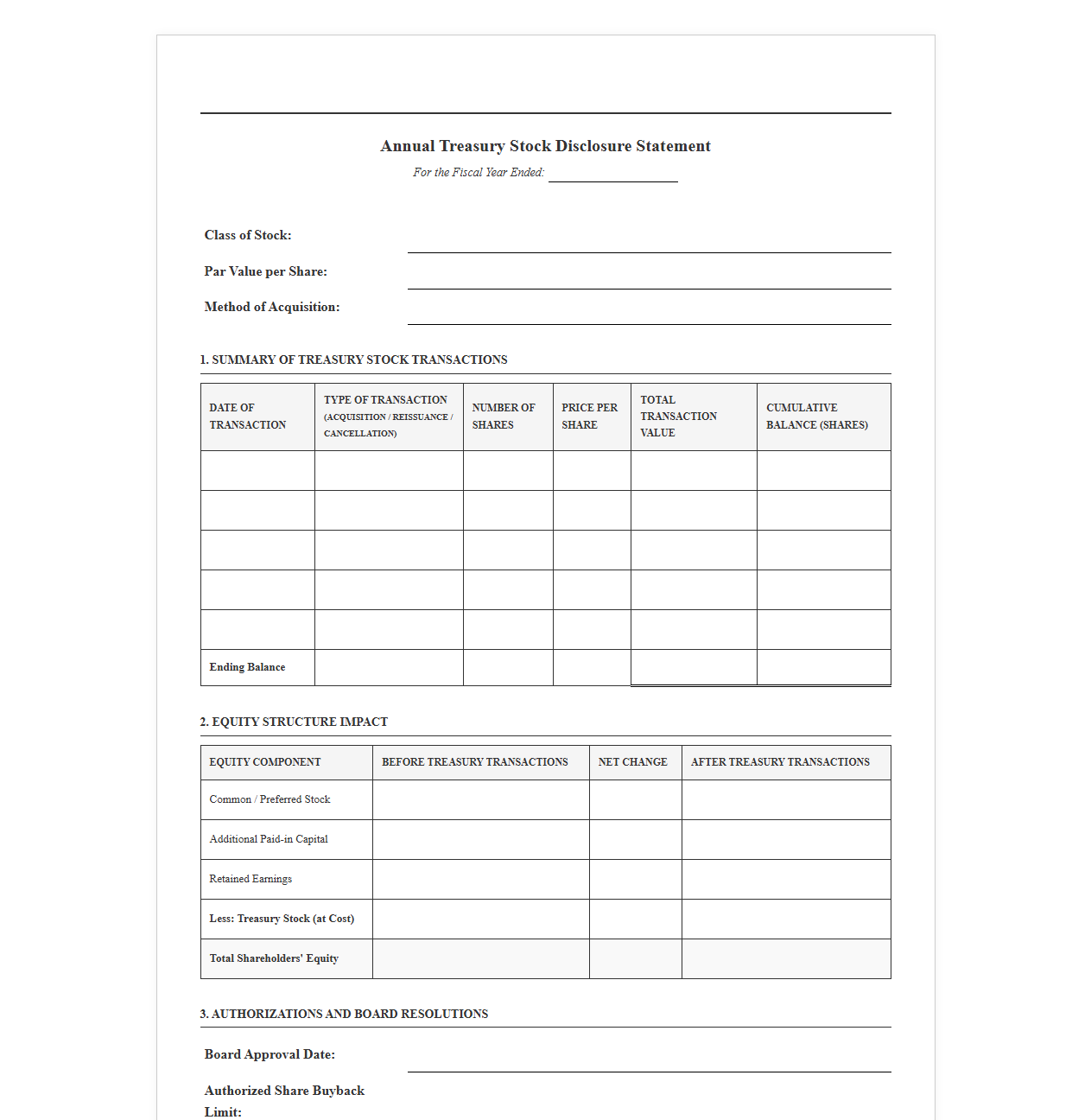 Annual Treasury Stock Disclosure Statement