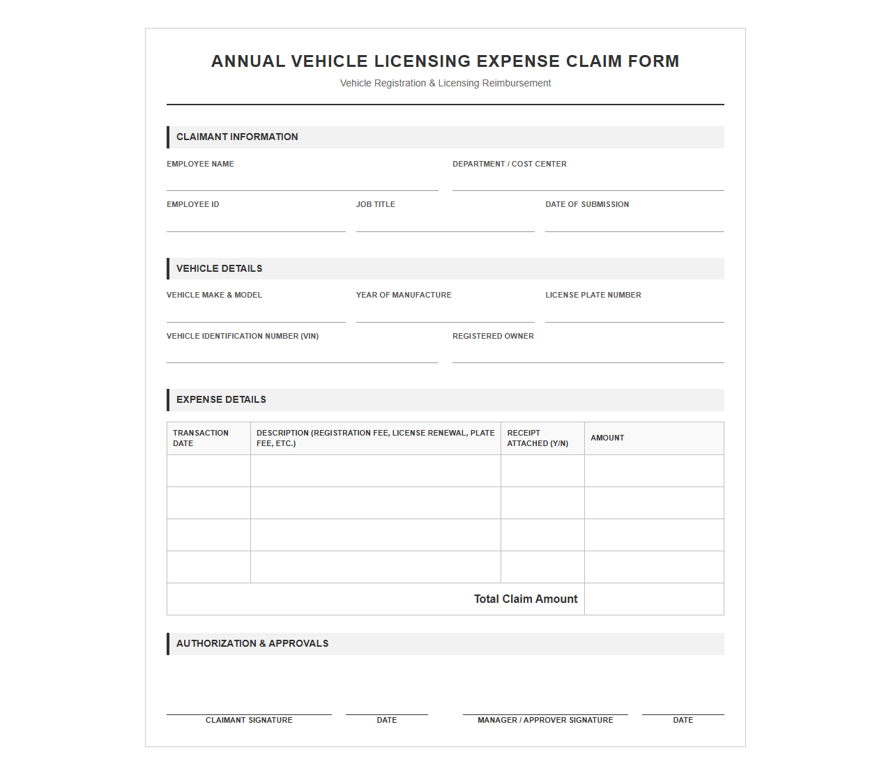 Annual Vehicle Licensing Expense Claim Form