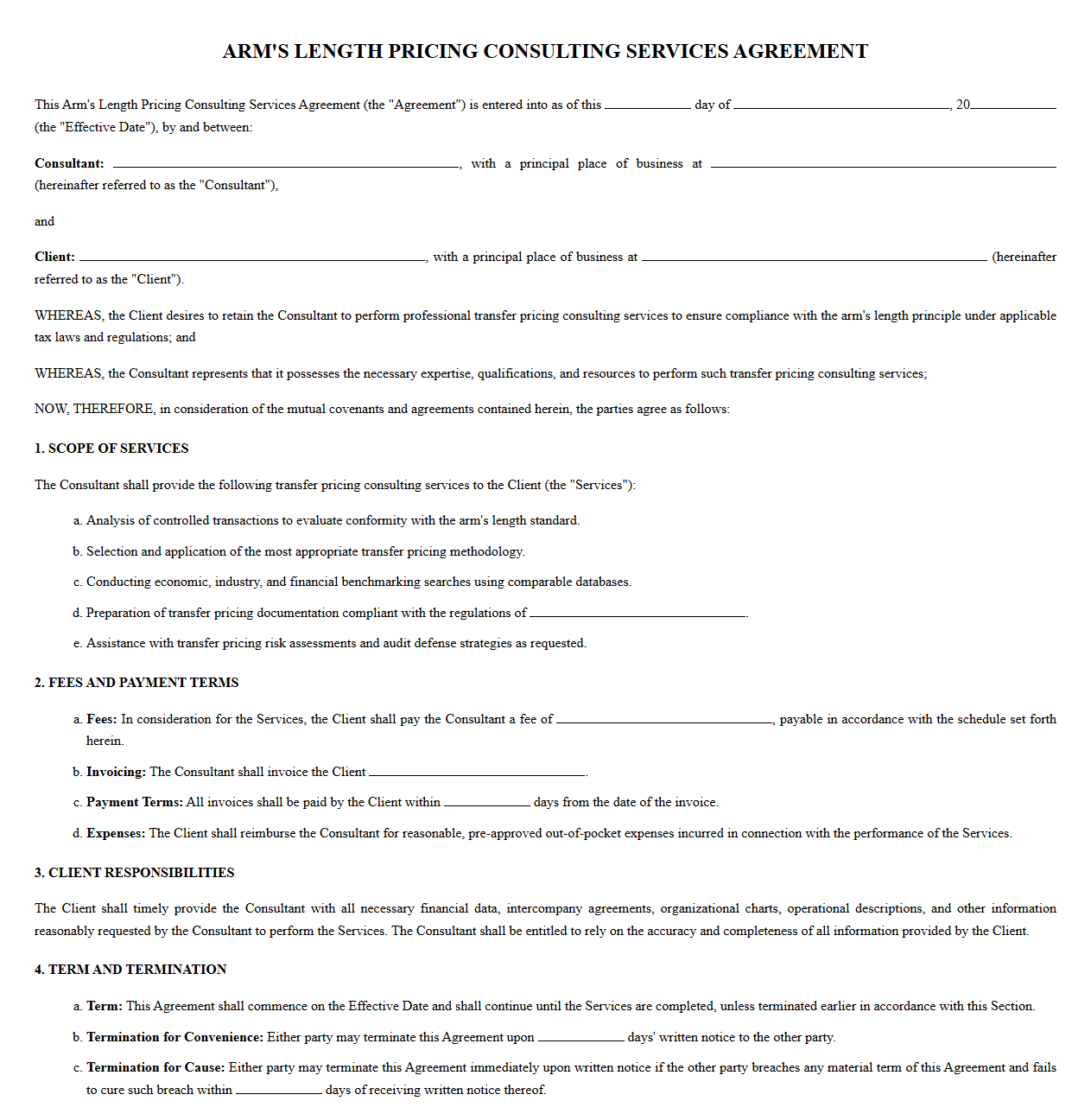 Arm's Length Pricing Consulting Services Agreement
