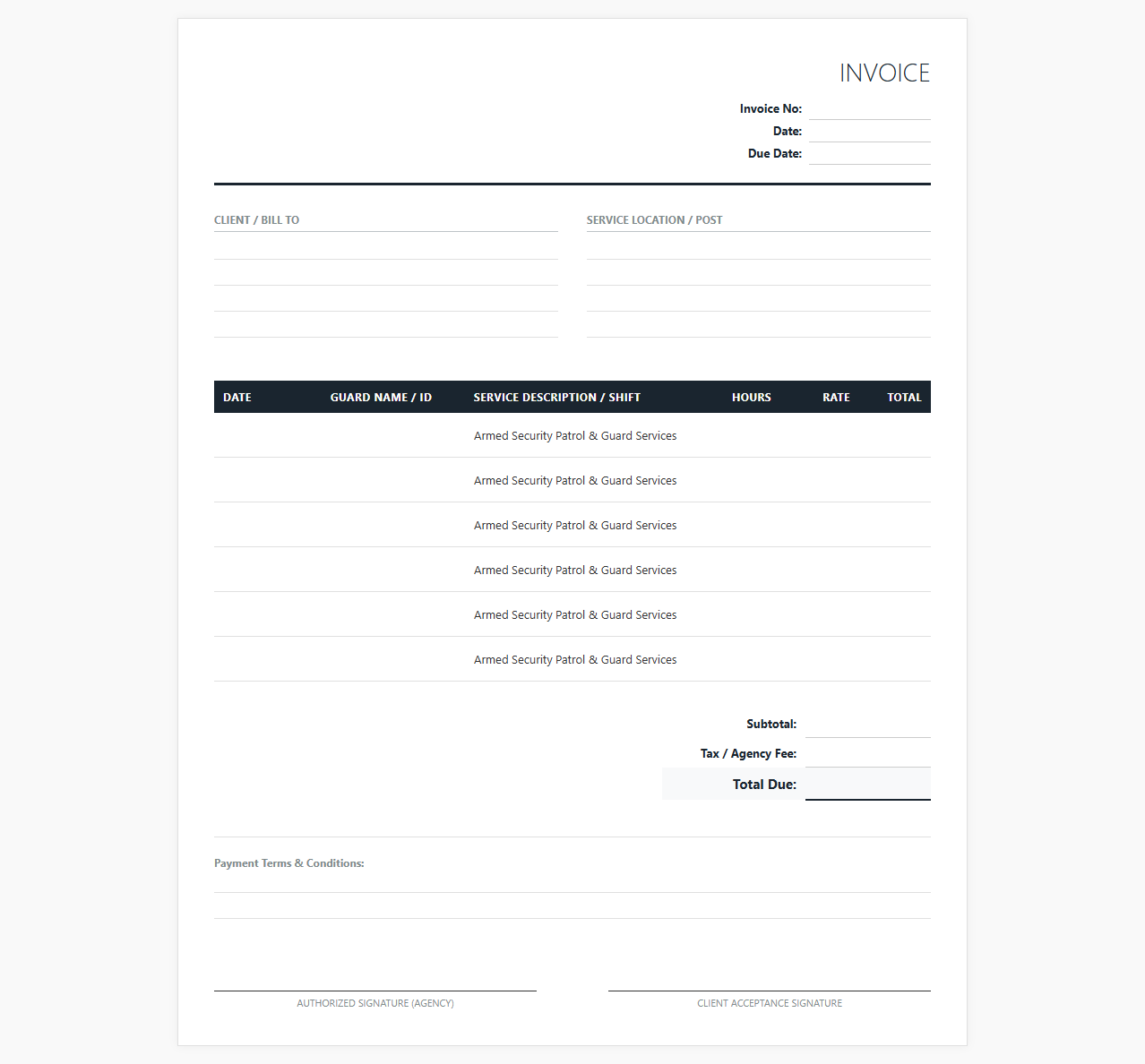 Armed Security Guard Services Billing Template
