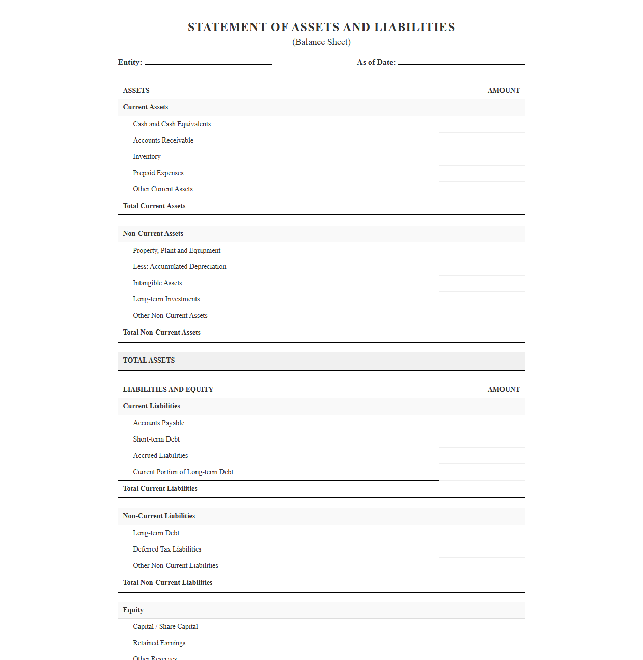 Asset and Liability Statement Template