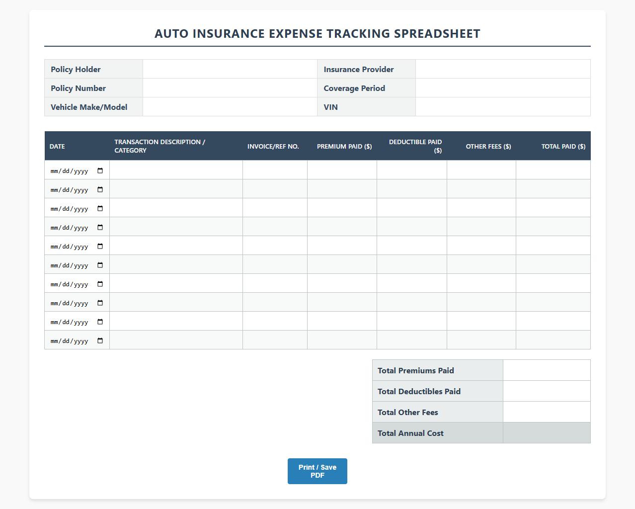 Auto Insurance Expense Tracking Spreadsheet