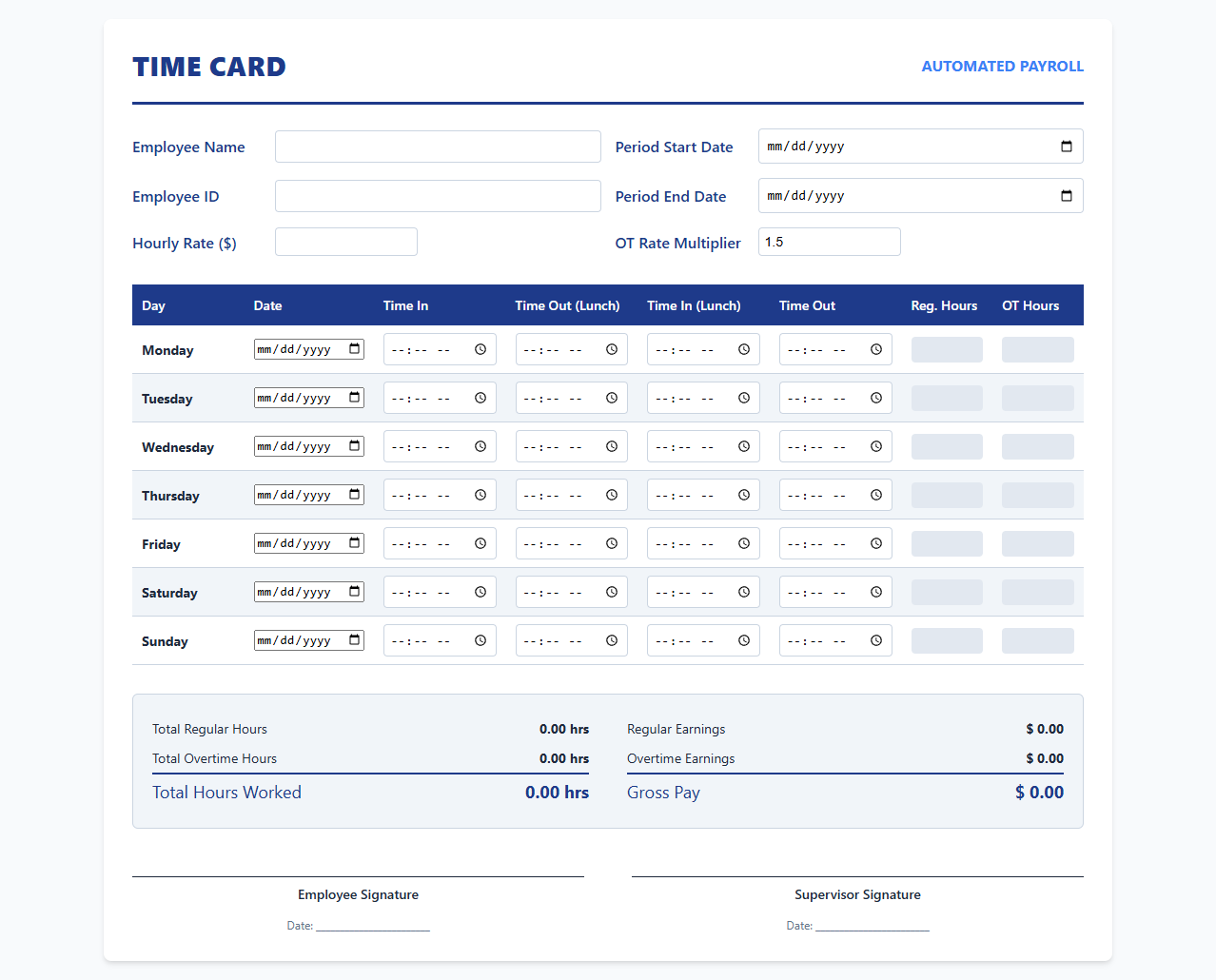 Automated Payroll Time Card Calculator