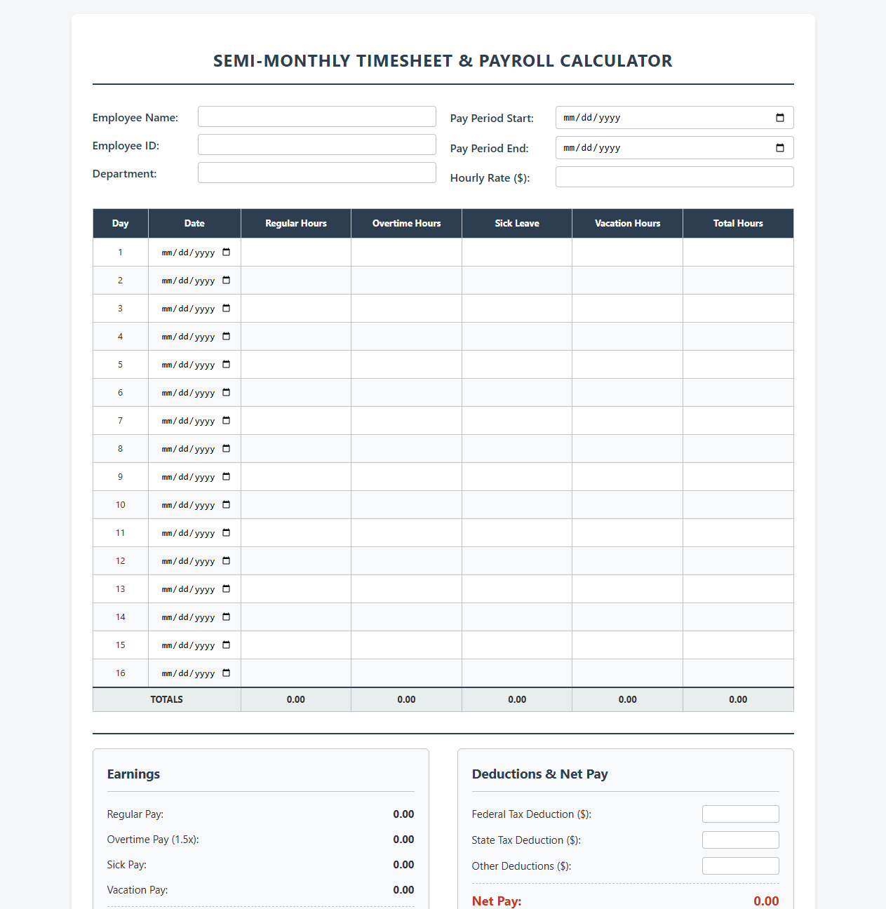 Automated Semi-Monthly Payroll Calculator and Timesheet