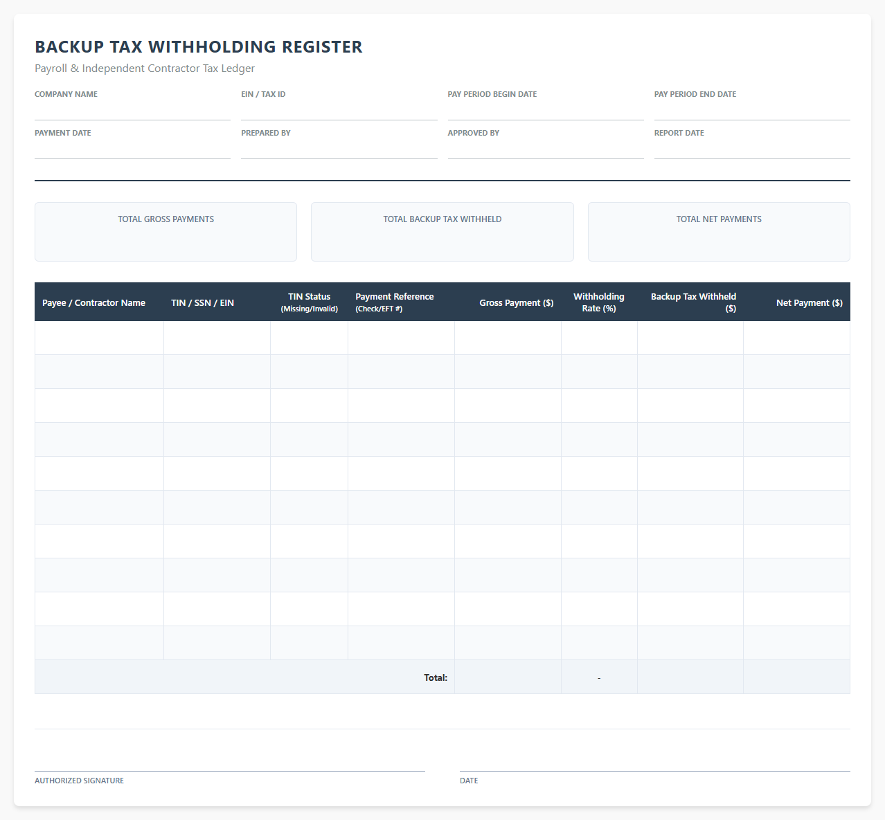 Backup Tax Withholding Payroll Register Template