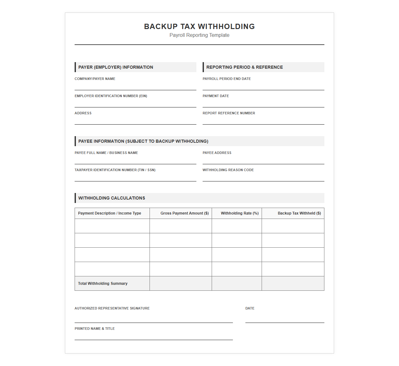 Backup Tax Withholding Payroll Reporting Template