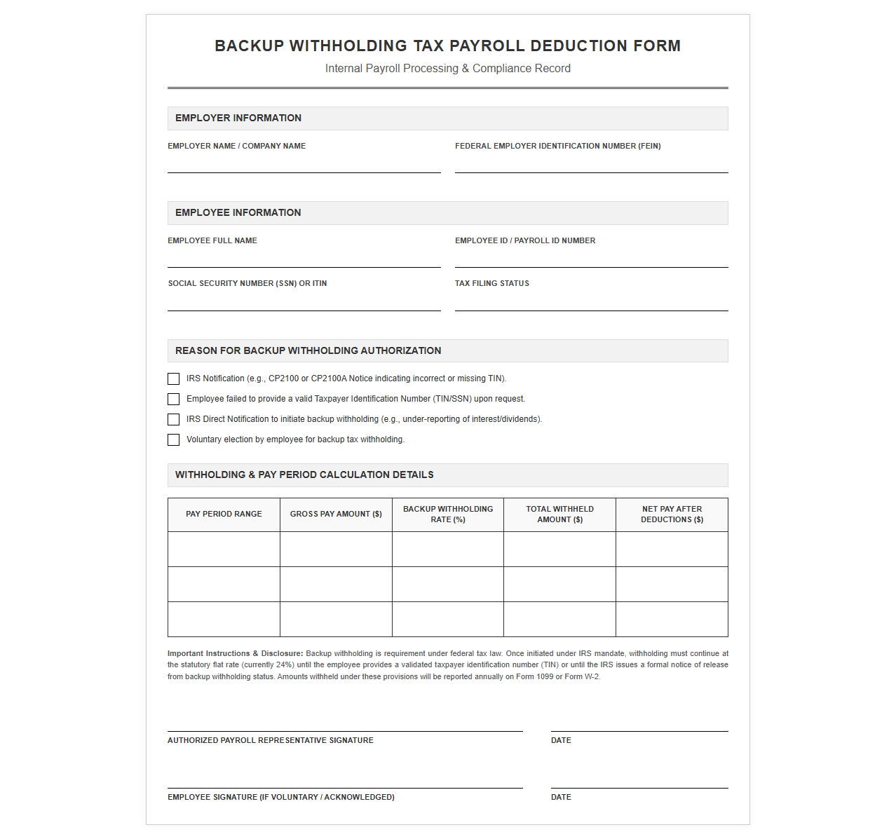 Backup Withholding Tax Payroll Deduction Form