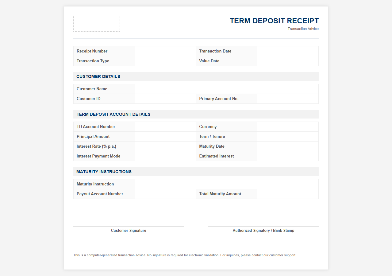 Bank Term Deposit Transaction Receipt