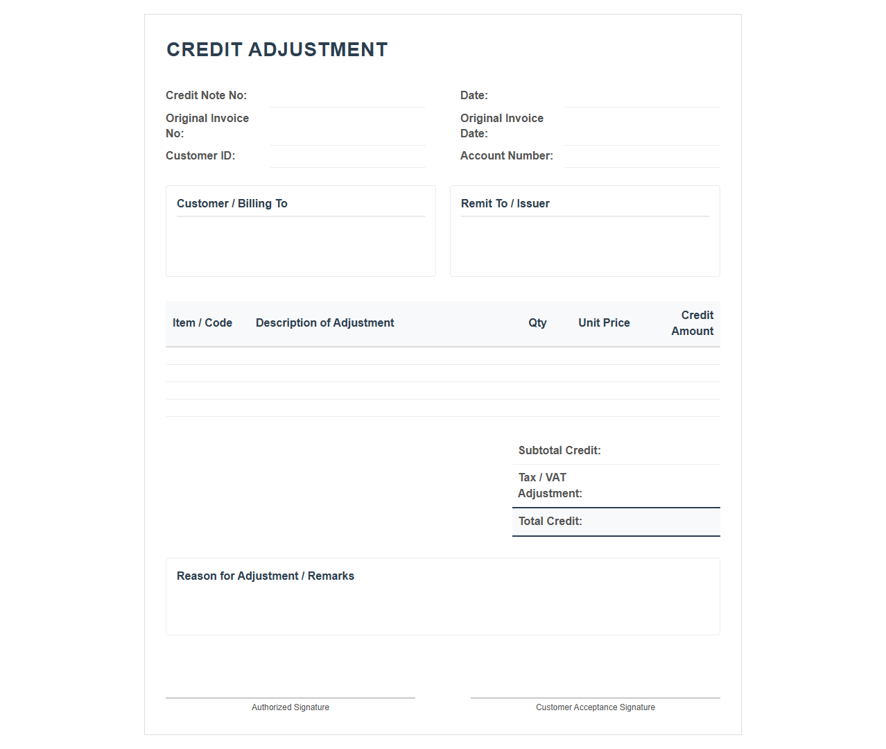 Billing Credit Adjustment Template