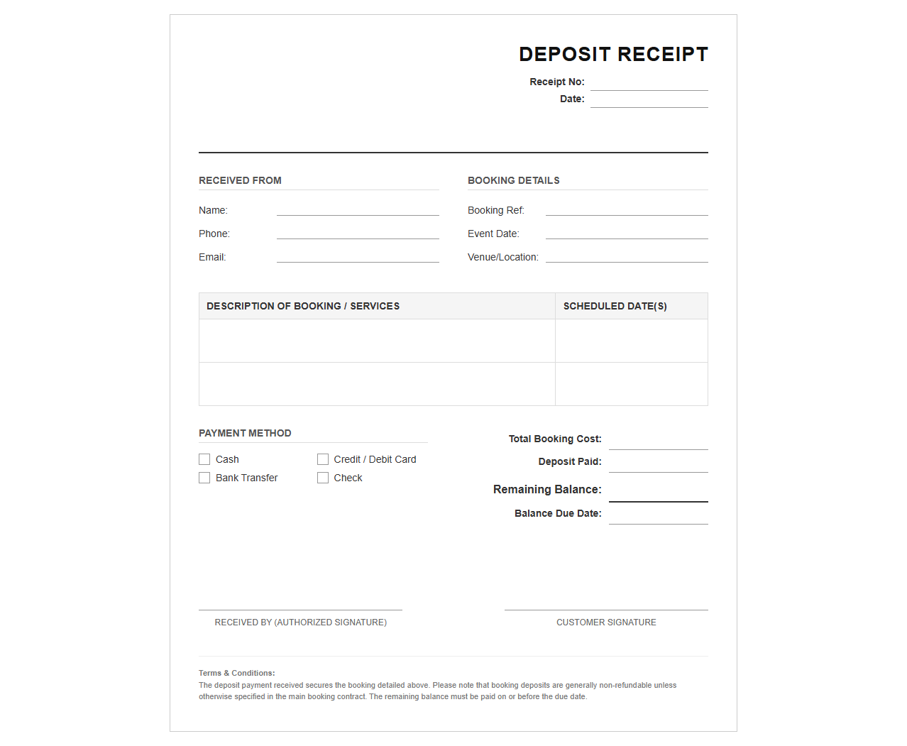 Booking Deposit Receipt Template