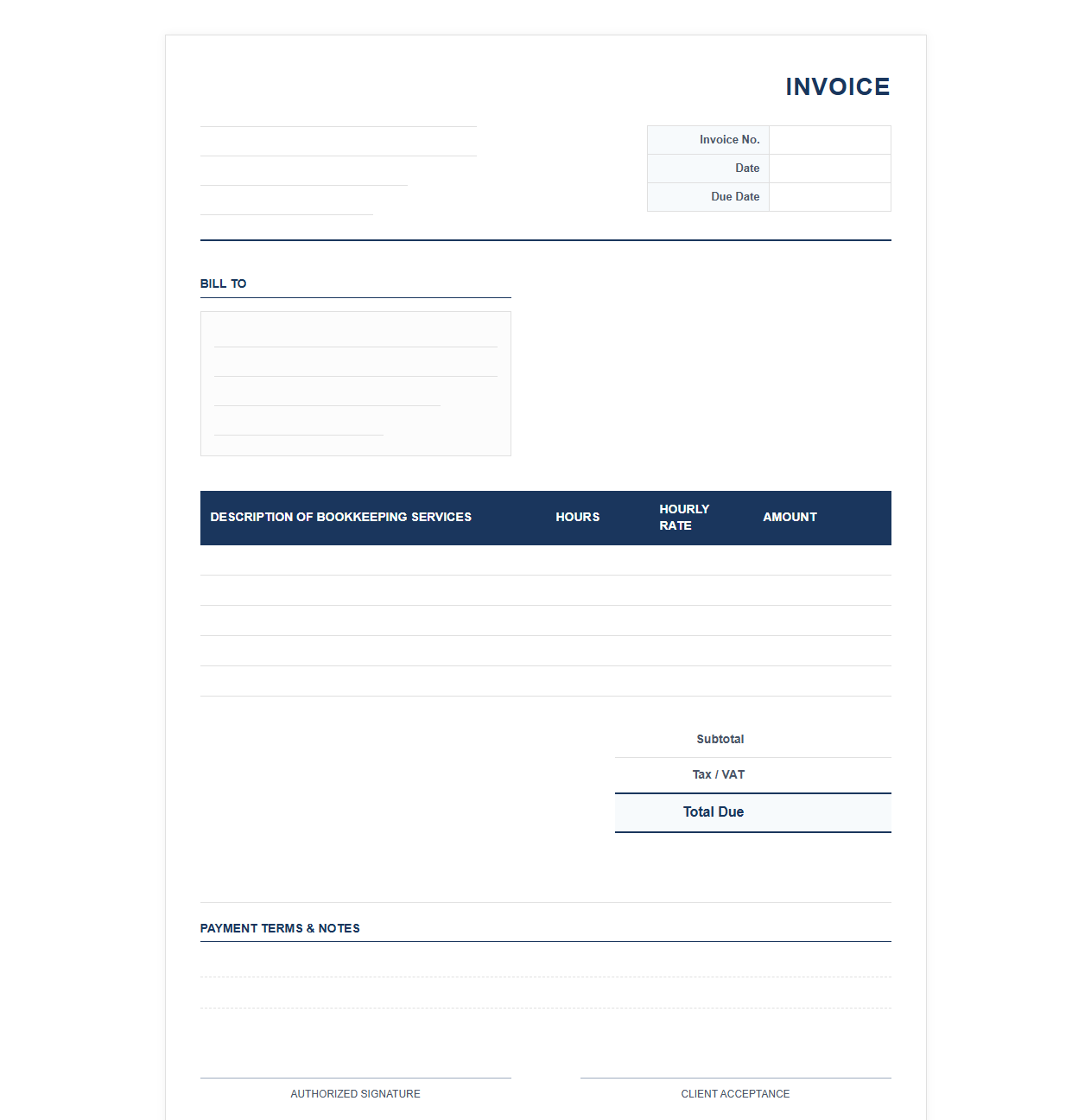 Bookkeeping Services Hourly Invoice Template