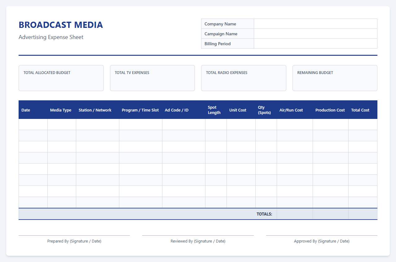 Broadcast Media Advertising Expense Sheet