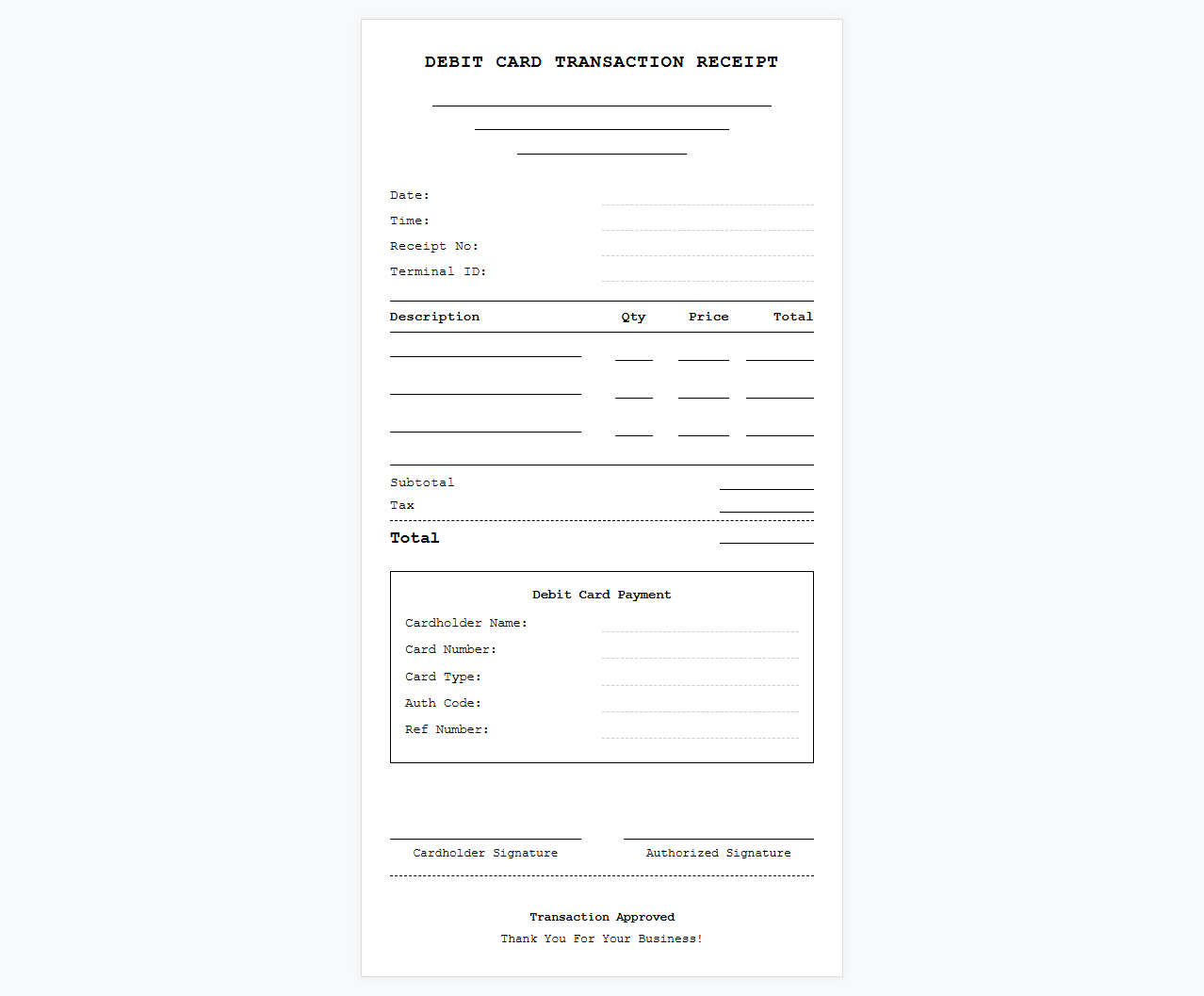 Business Debit Card Transaction Receipt Form
