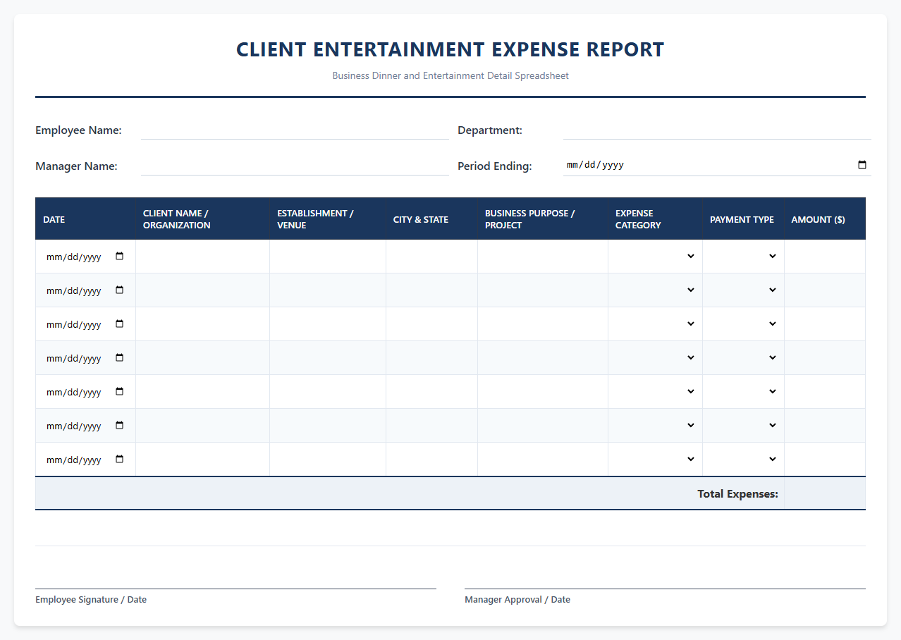 Business Dinner and Entertainment Expense Spreadsheet