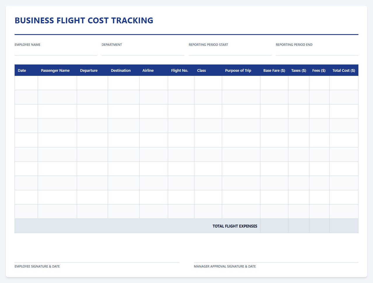 Business Flight Cost Tracking Spreadsheet