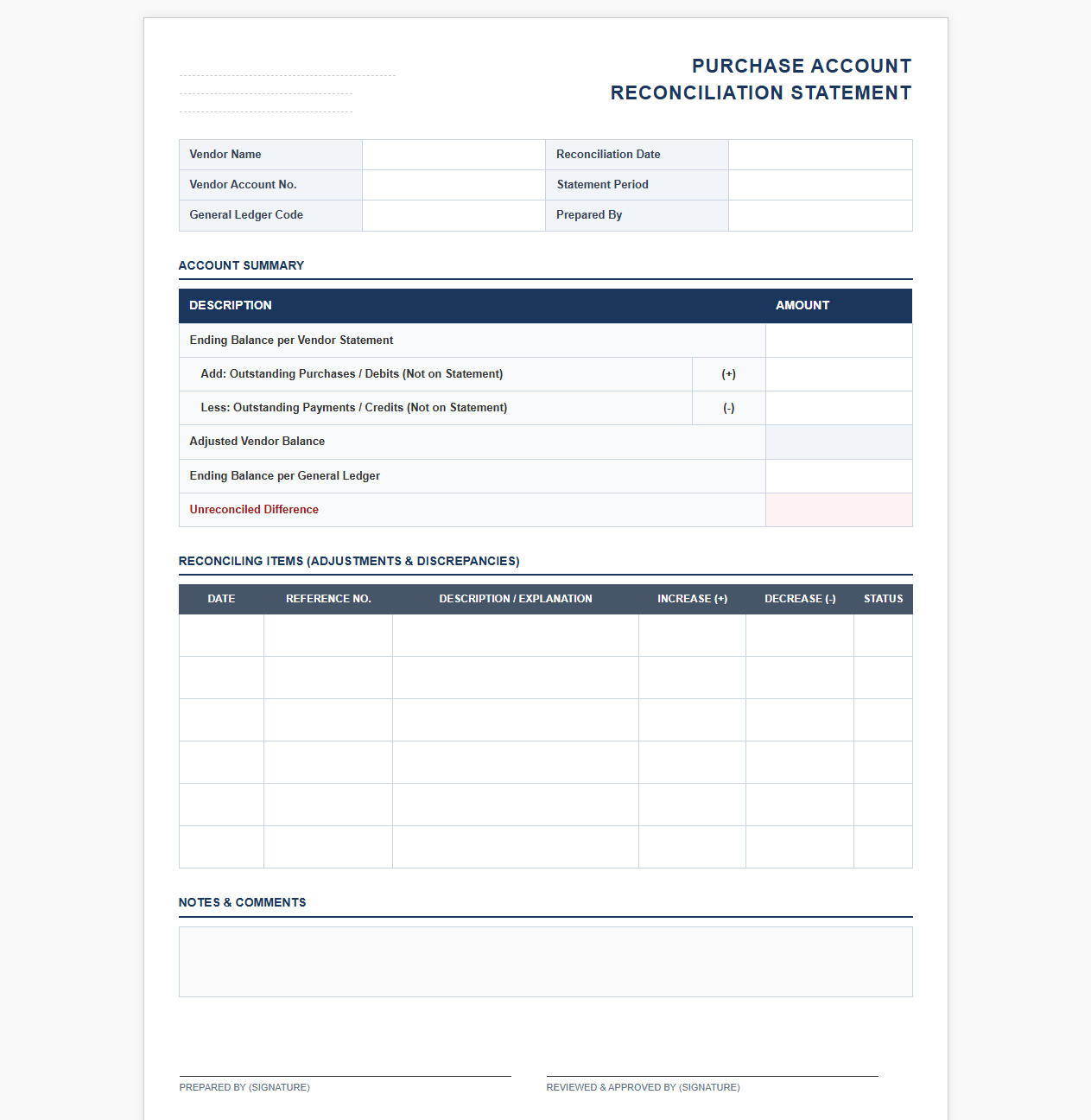 Business Purchase Account Reconciliation Statement