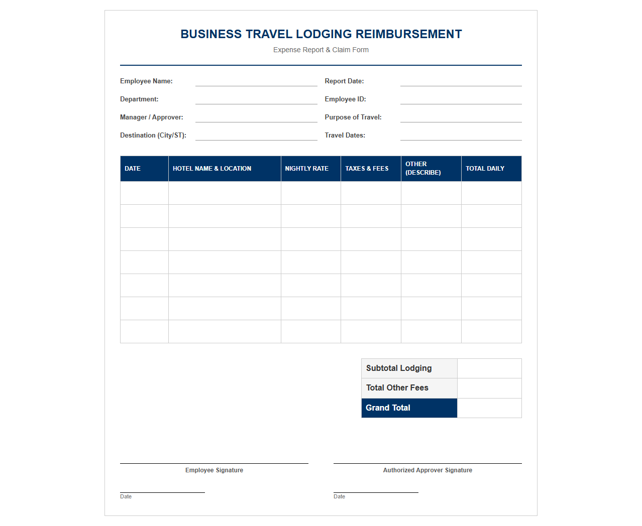 Business Travel Lodging Reimbursement Template
