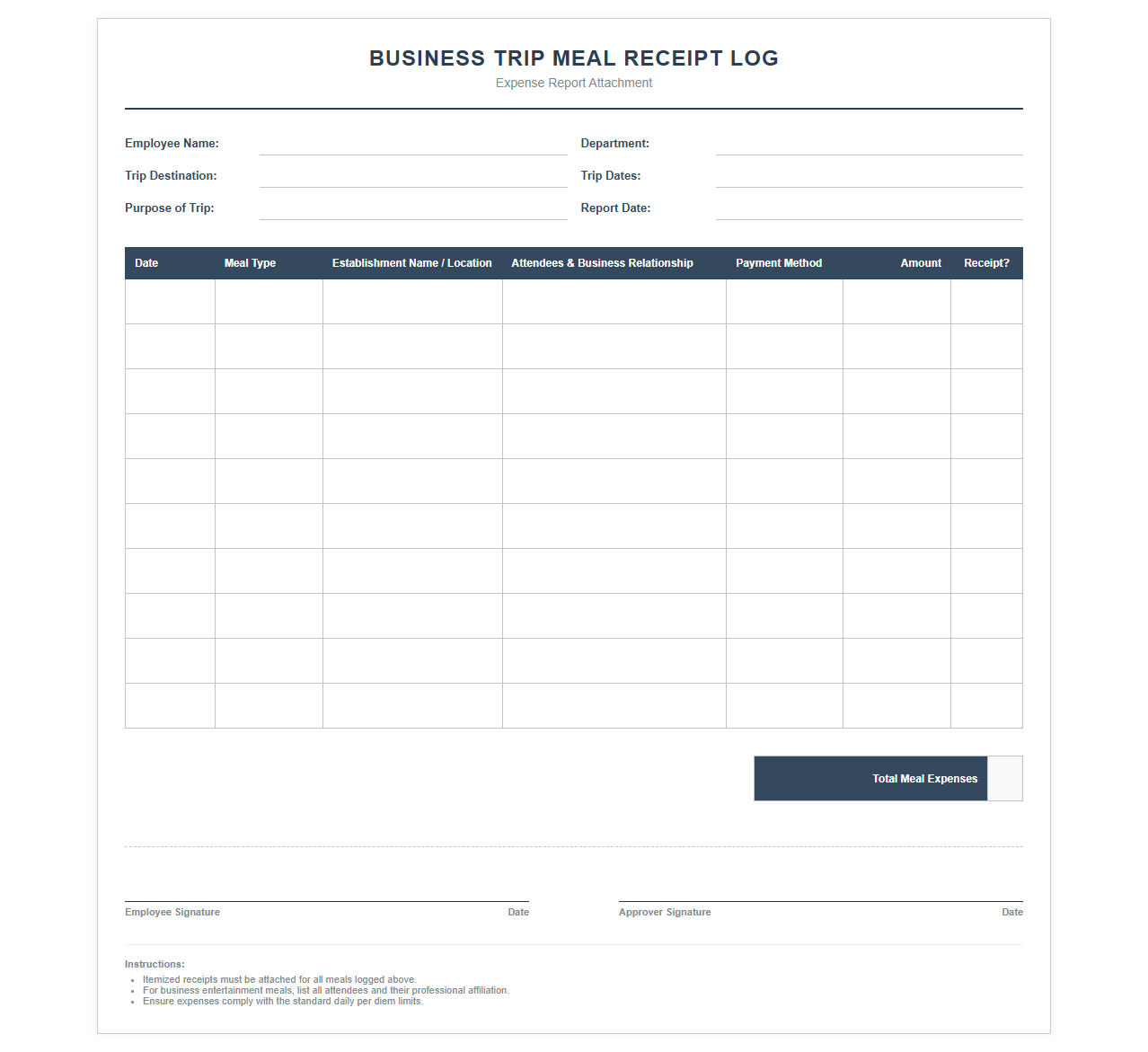 Business Trip Meal Receipt Log