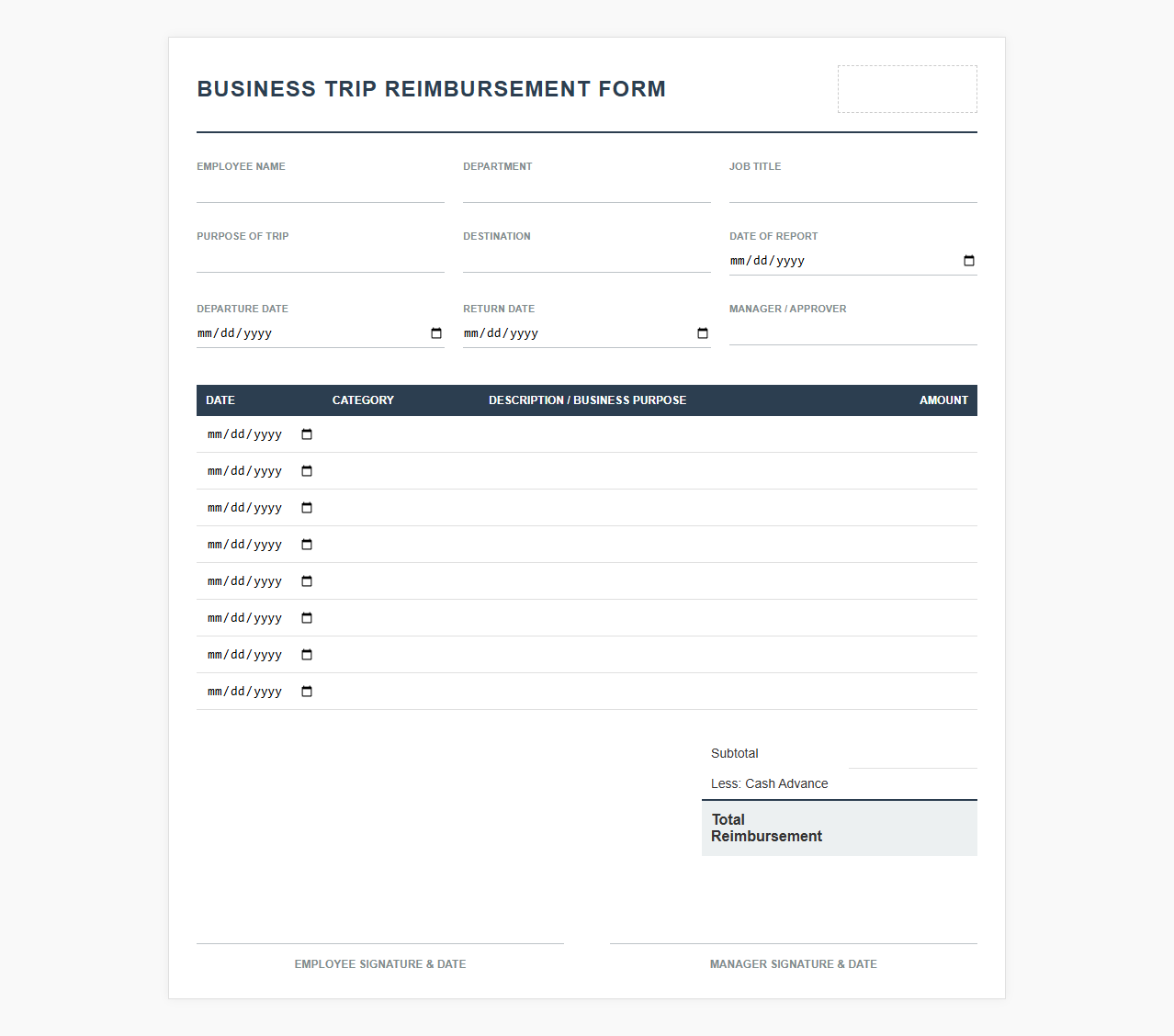 Business Trip Reimbursement Form Sheet